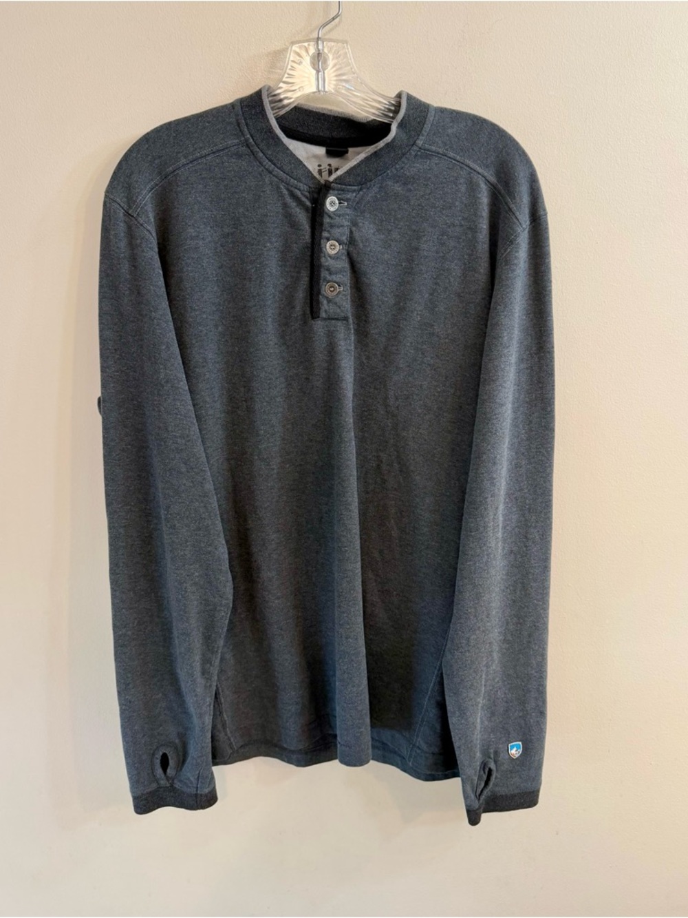 Kuhl Mens Long Sleeve Henley Shirt Blue Gray 100% Cotton Thumbholes Sz L Hiking - Picture 4 of 11